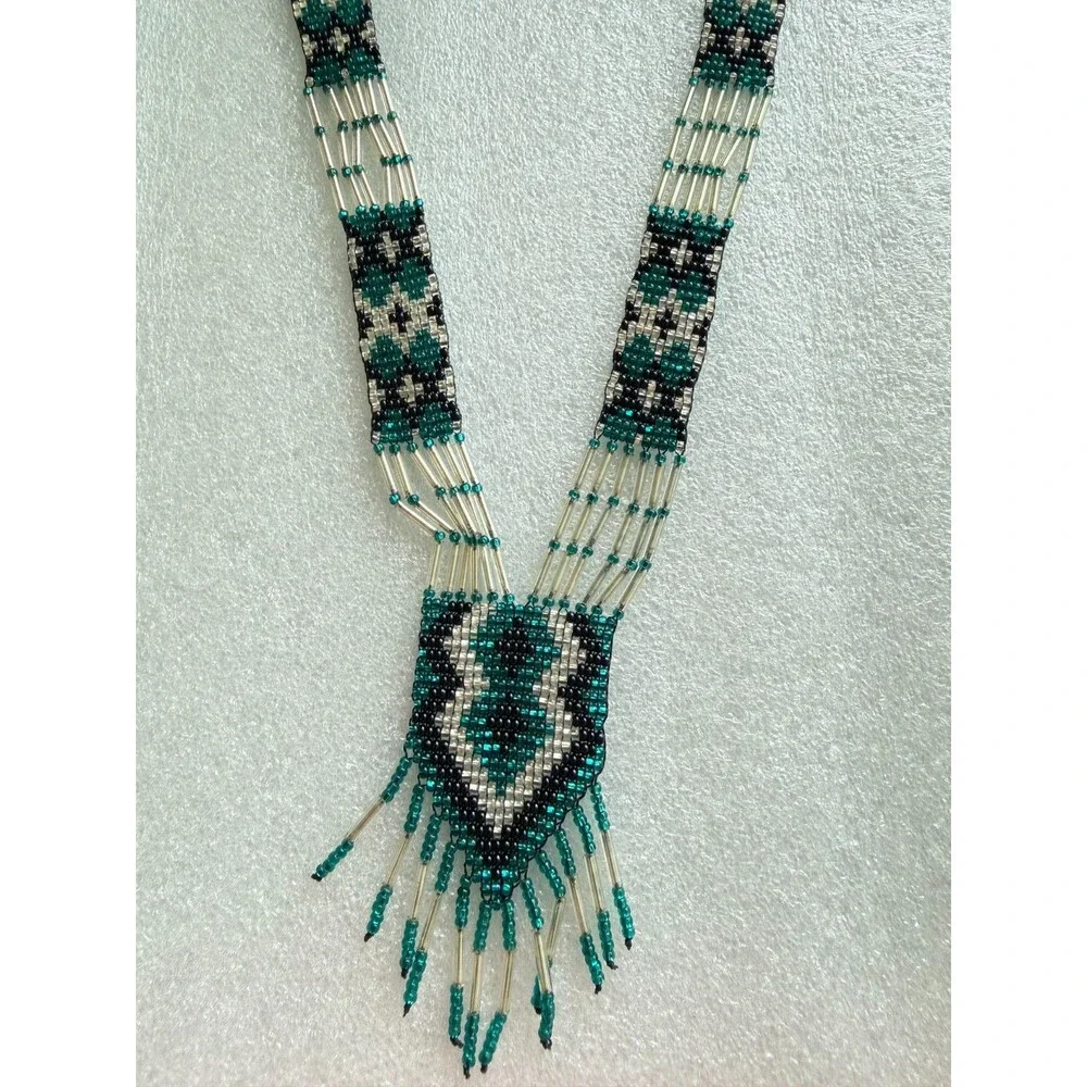 Vintage Native American Style Seed Bead Fringe Statement Necklace Teal Silver D